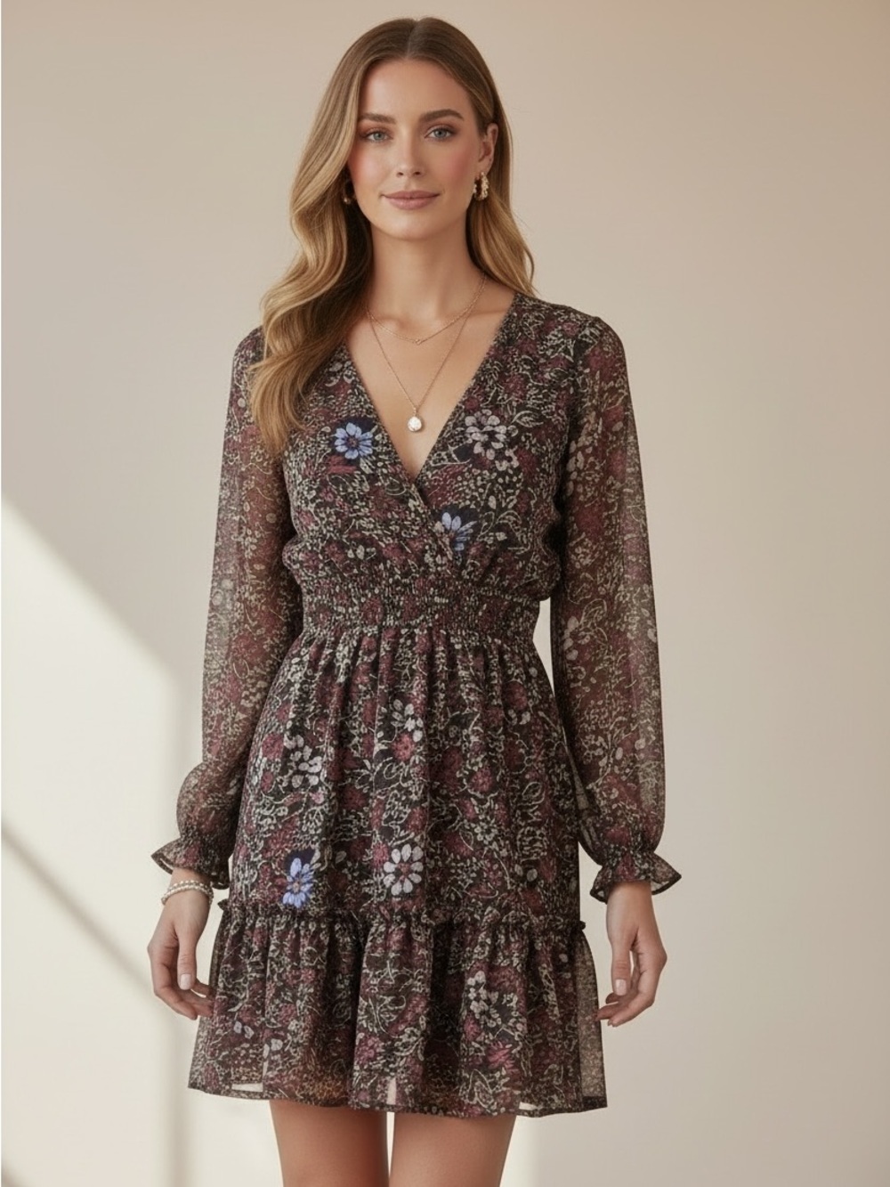 NWT BLACK TAPE Floral V-Neck Long Sleeve Ruffle Hem Lined Dress Size Small - Picture 2 of 5